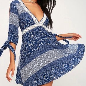Lulus Blue and White Crochet Lace Dress
